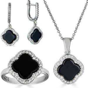 Iced 925 Silver Onyx Clover Jewelry Set